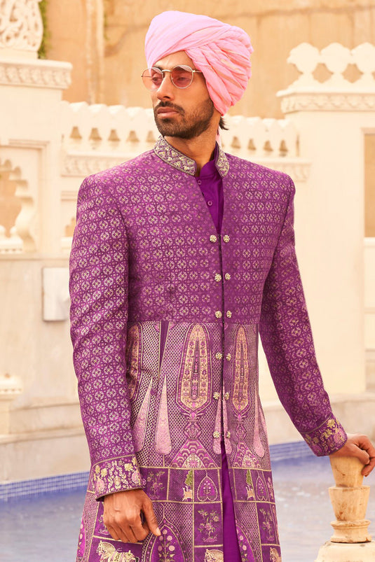 Wedding look Art Silk Fabric Readymade Indo Western For Men in Purple Color