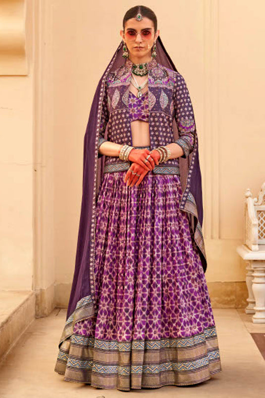 Foil Printed Work Purple Color Glorious Readymade 3 piece Lehenga Choli In Art Silk Fabric