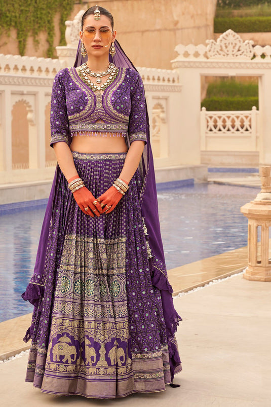 Purple Color Foil Printed Work Captivating Readymade 3 piece Lehenga Choli In Art Silk Fabric