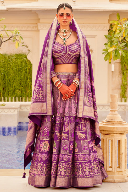 Art Silk Fabric Foil Printed Work Purple Color Ingenious Readymade 3 piece Lehenga Choli