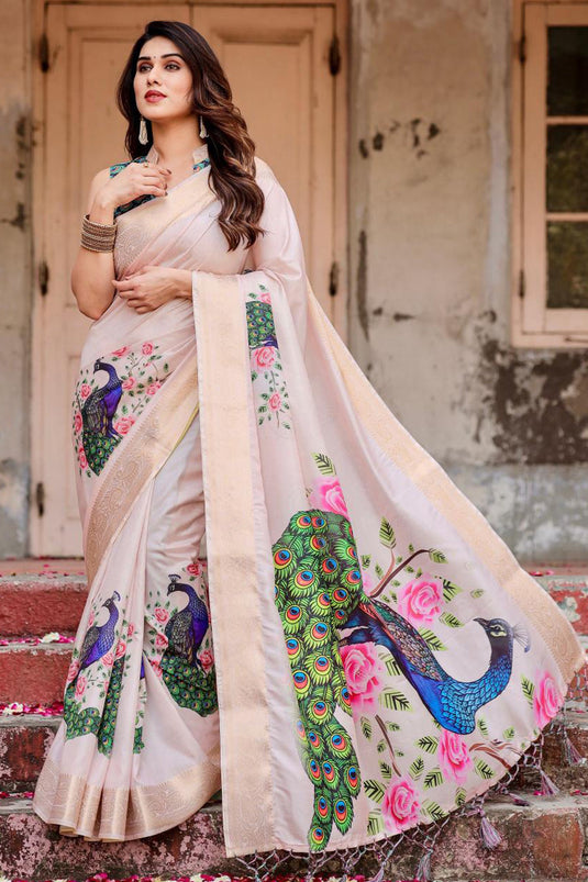 Appealing Digital Printed Work On Art Silk Fabric Saree In Beige Color