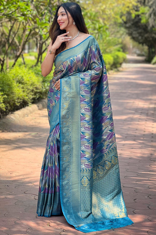 Cyan Color Weaving Work On Art Silk Fabric Beatific Saree