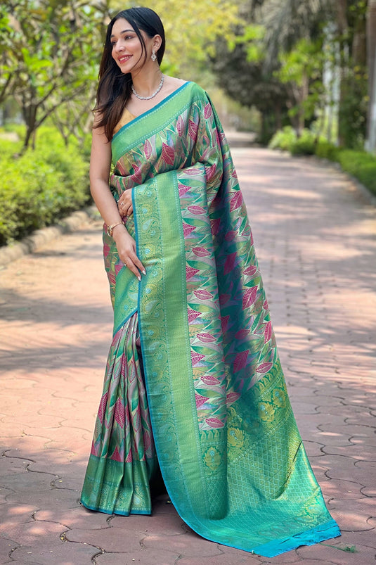 Tempting Art Silk Fabric Green Color Saree With Weaving Work