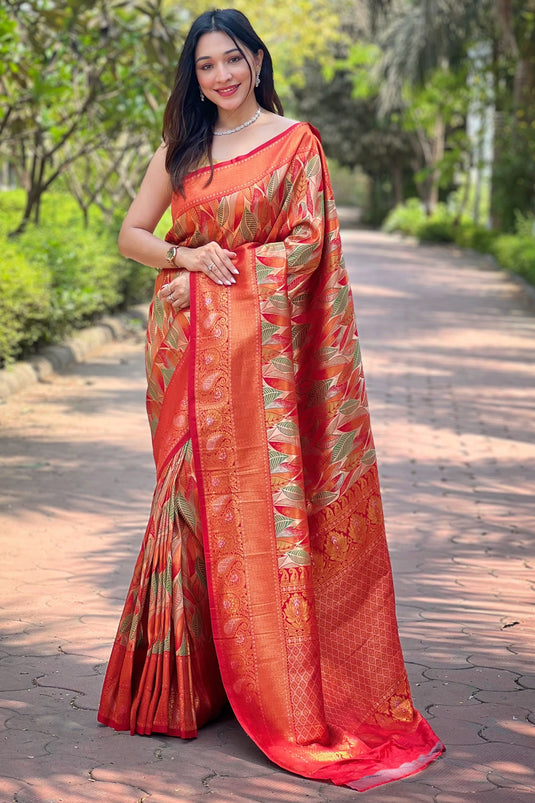 Engaging Orange Color Art Silk Fabric Saree With Weaving Work