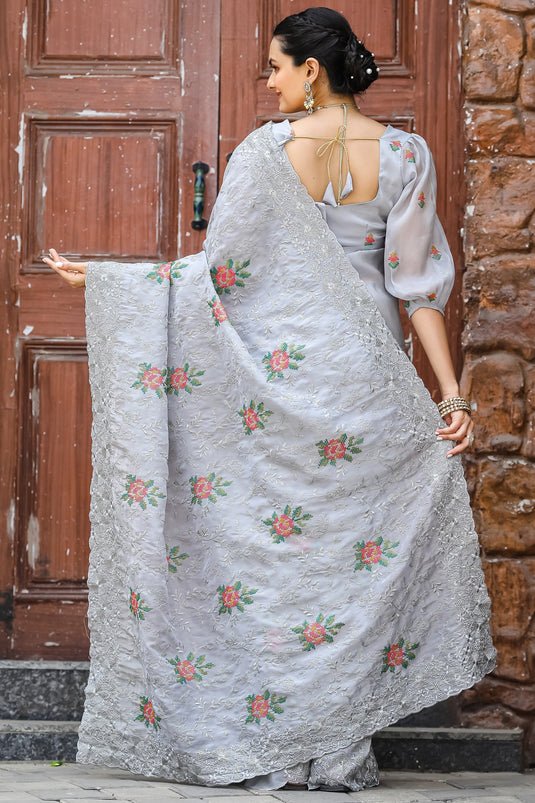Embroidered Work On Grey Color Sober Saree In Chiffon Fabric