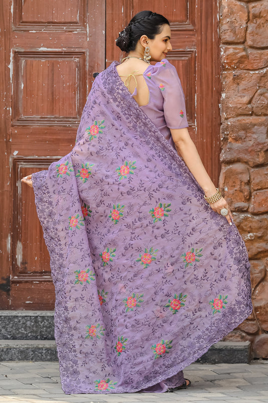 Creative Embroidered Work On Lavender Color Chiffon Fabric Saree