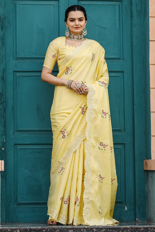 Graceful Cotton Fabric Yellow Color Saree With Embroidered Work