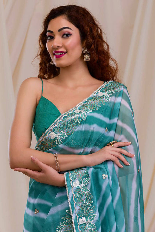 Creative Border Work On Green Color Georgette Fabric Saree