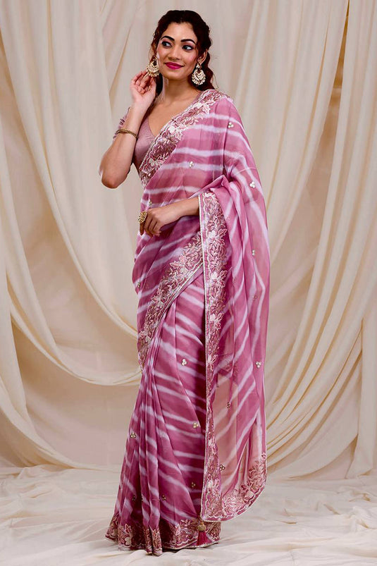 Excellent Georgette Fabric Pink Color Saree With Border Work