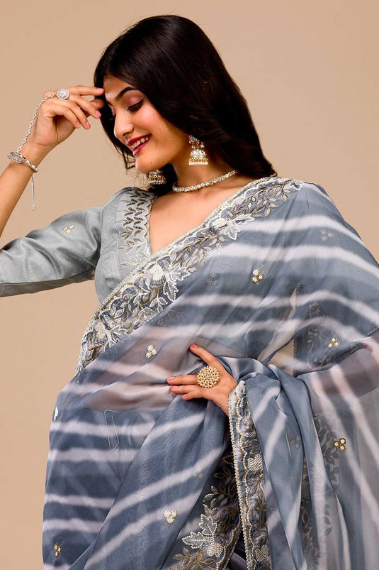 Grey Color Border Work On Georgette Fabric Stunning Saree