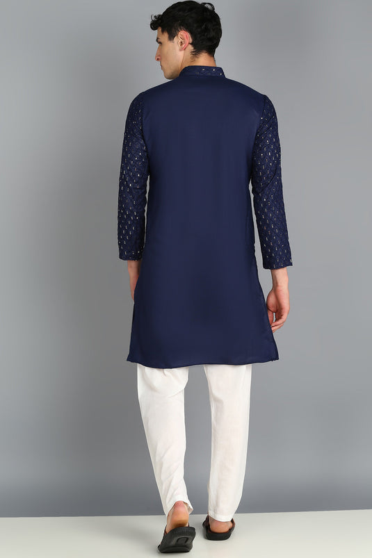 Vibrant Navy Blue Color Cotton Embroidered Kurta Pyjama For Function