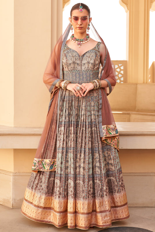 Tempting Beige Color Embroidered Readymade Long Gown With Dupatta