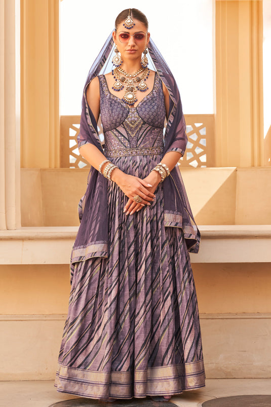 Fascinating Embroidered Multi Color Readymade Long Gown With Dupatta