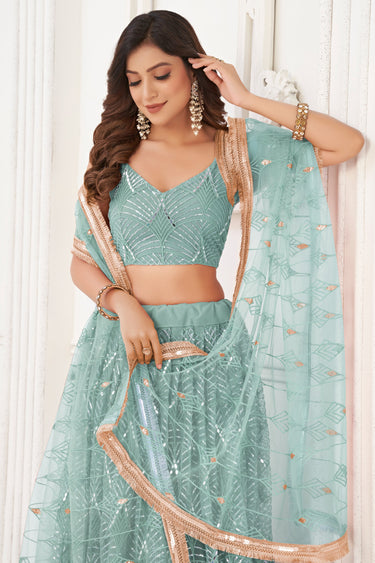 Net Fabric Sequins Work Light Cyan Color Glorious Lehenga In Function Wear
