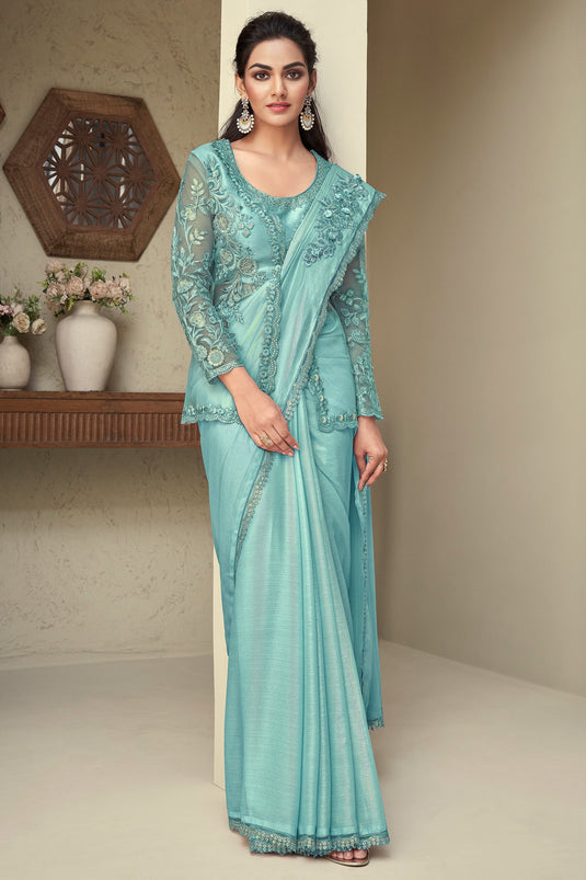 Trendy Art Silk Fabric Cyan Color Border Work Saree With Jacket