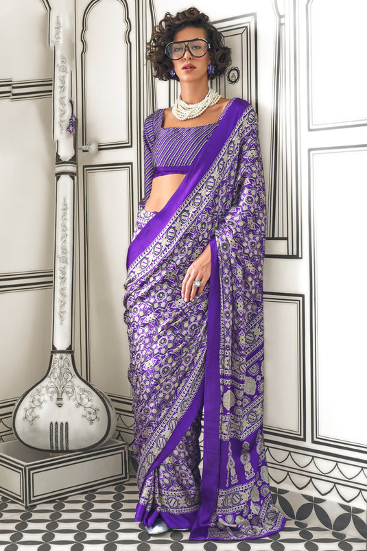 Classic Printed Work On Purple Color Saree In Crepe Fabric