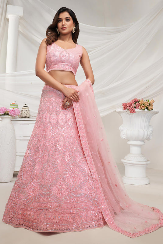 Stylish Pink Net Fabric Lehenga Choli In Sangeet Function