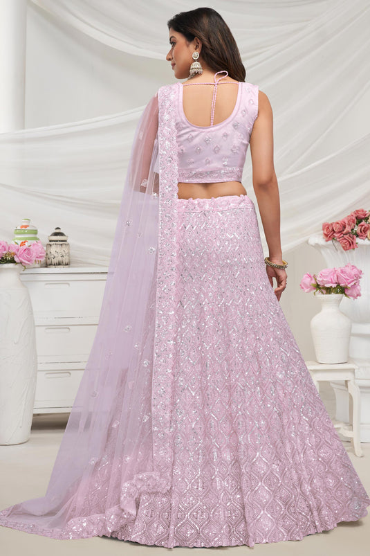 Phenomenal Embroidered Lavender Color Net Fabric Lehenga