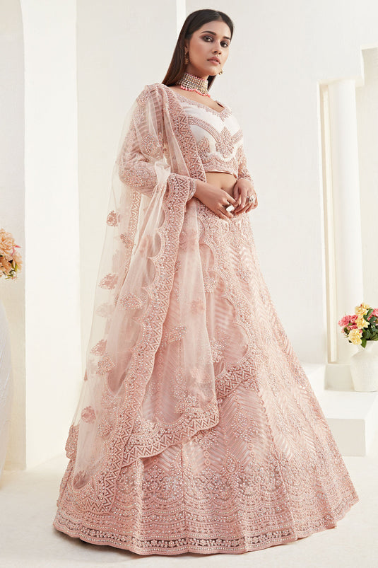 Net Fabric Peach Color Beatific Look Sangeet Wear Designer Lehenga