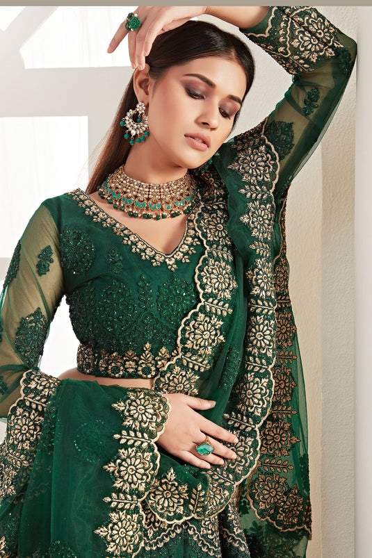 Fabulous Sangeet Wear Net Fabric Green Color Designer Lehenga