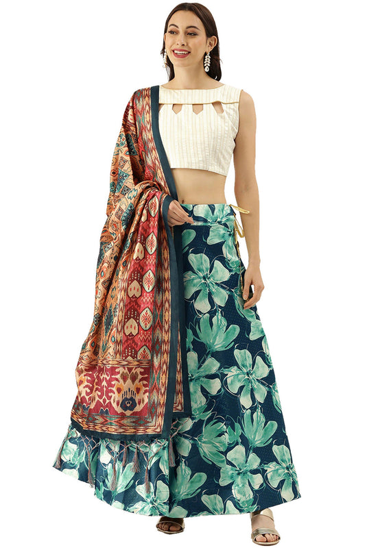 Teal Color Printed Work On Satin Silk Fabric Beatific Lehenga