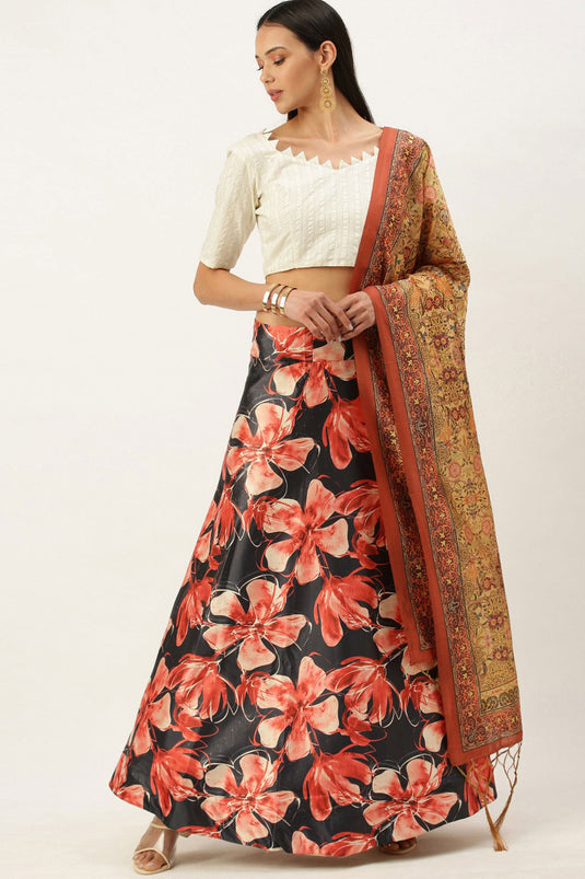 Embellished Printed Work On Black Color Satin Silk Fabric Lehenga