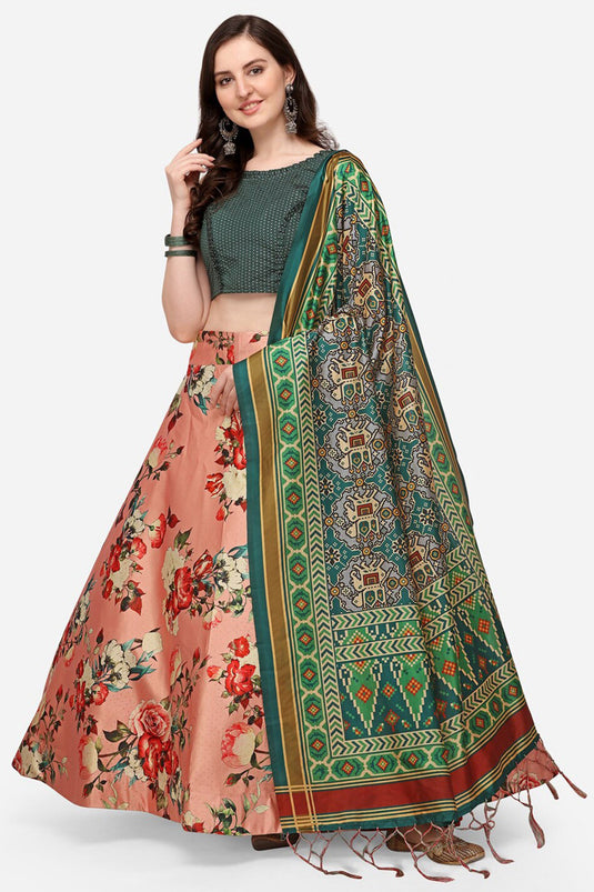 Awesome Printed Work On Satin Silk Fabric Peach Color Lehenga