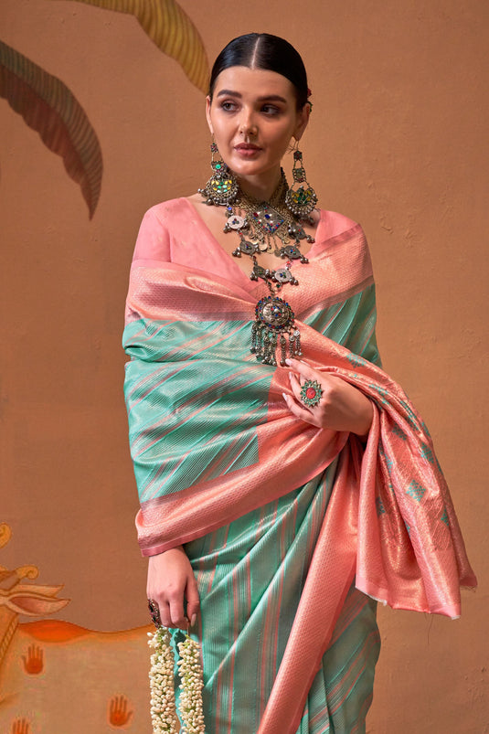 Excellent Handloom Weaving Silk Fabric Cyan Color Saree