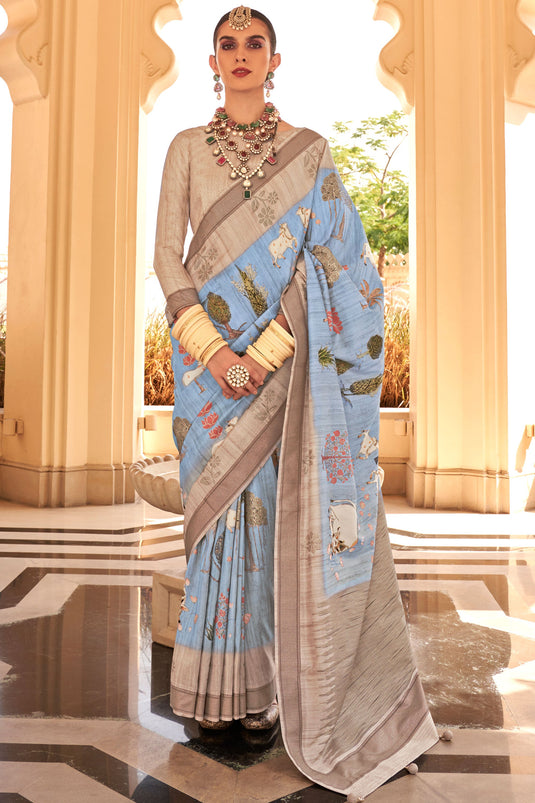 Sky Blue Color Art Silk Fabric Coveted Digital Printed Saree