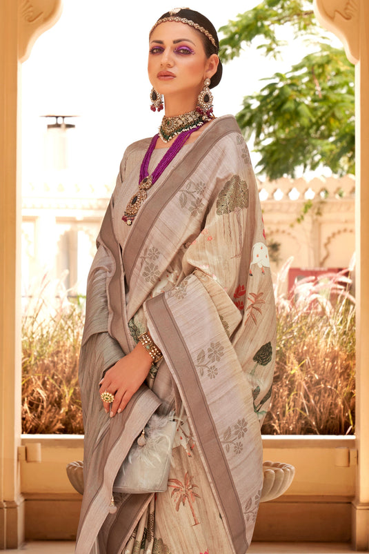 Art Silk Fabric Beige Color Riveting Digital Printed Saree