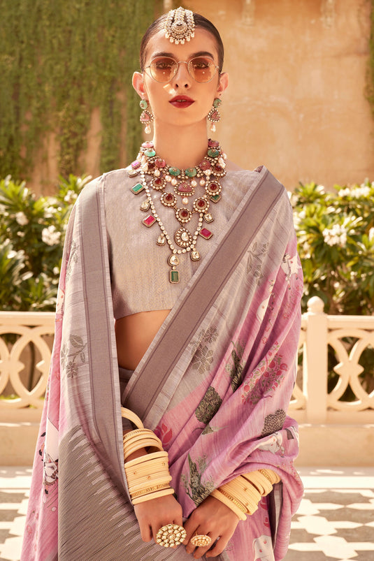 Pink Color Art Silk Fabric Princely Digital Printed Saree