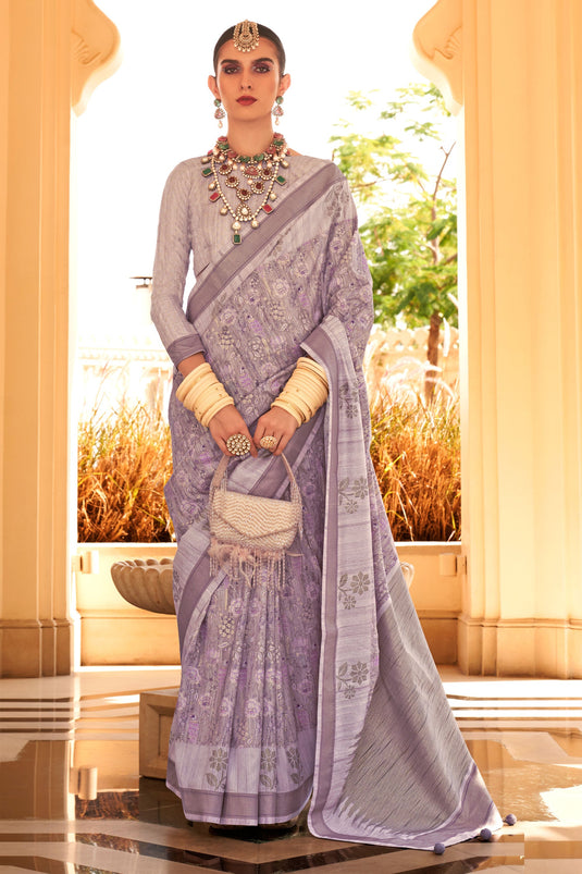 Stunning Lavender Color Art Silk Fabric Digital Printed Saree