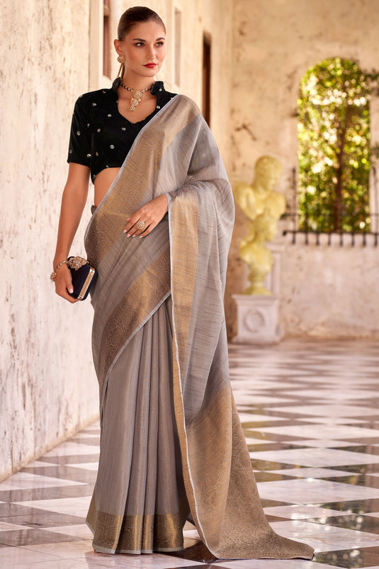Imposing Fancy Linen Saree With Velvet Blouse In Grey Color