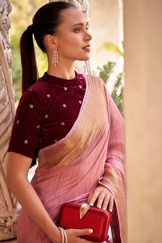 Soothing Fancy Linen Saree With Velvet Blouse In Pink Color