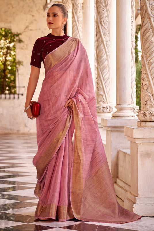Soothing Fancy Linen Saree With Velvet Blouse In Pink Color