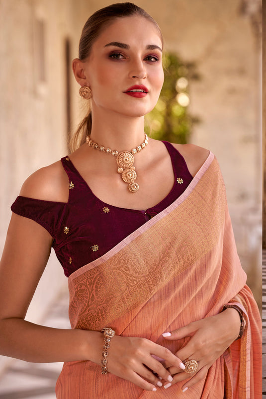 Orange Color Glorious Fancy Linen Saree With Velvet Blouse