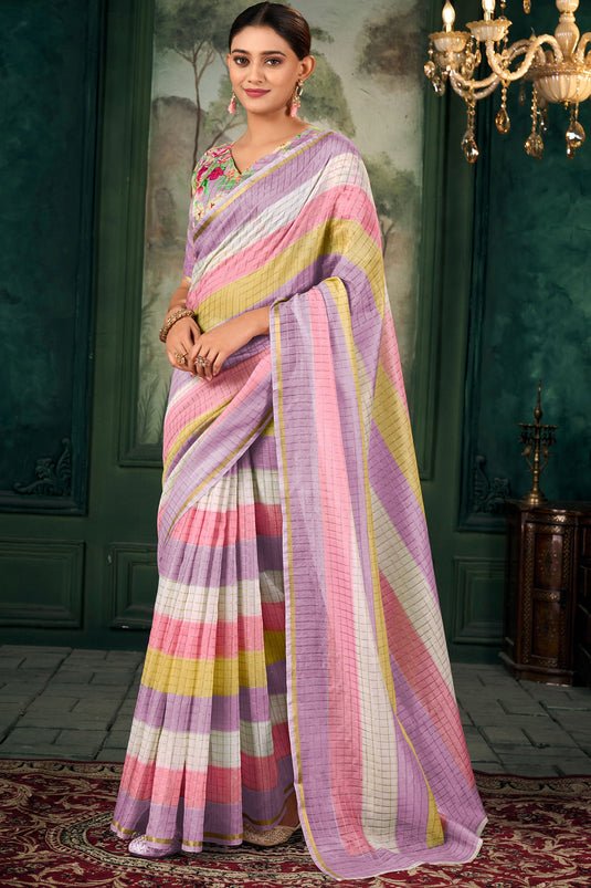 Amazing Multi Color Linen Fabric Zari Chex Pattern Saree With Floral Print Blouse