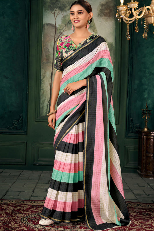 Trendy Linen Fabric Multi Color Zari Chex Pattern Saree With Floral Print Blouse