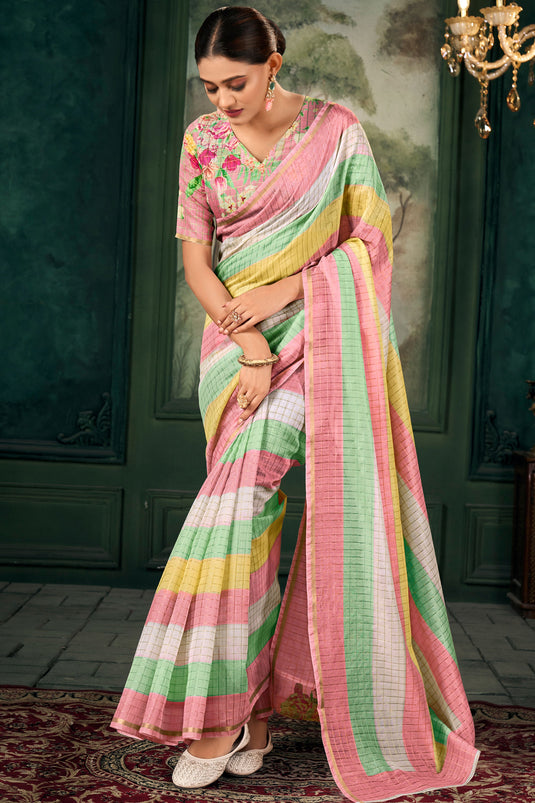 Multi Color Linen Fabric Chic Zari Chex Pattern Saree With Floral Print Blouse