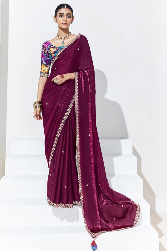 Tempting Organza Fabric Wine Color Saree With Border Work