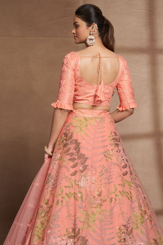 Radiant Peach Color Sangeet Wear Sequins Work Organza Lehenga Choli