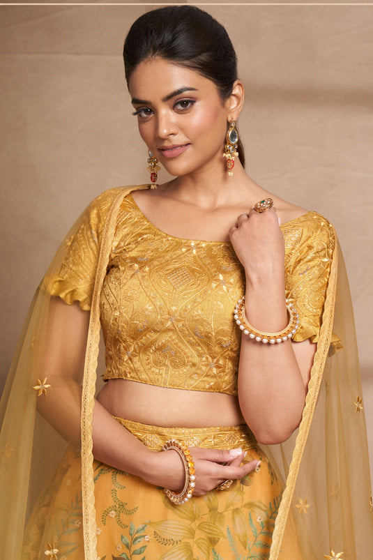 Graceful Sangeet Wear Sequins Work Yellow Color Organza Lehenga Choli