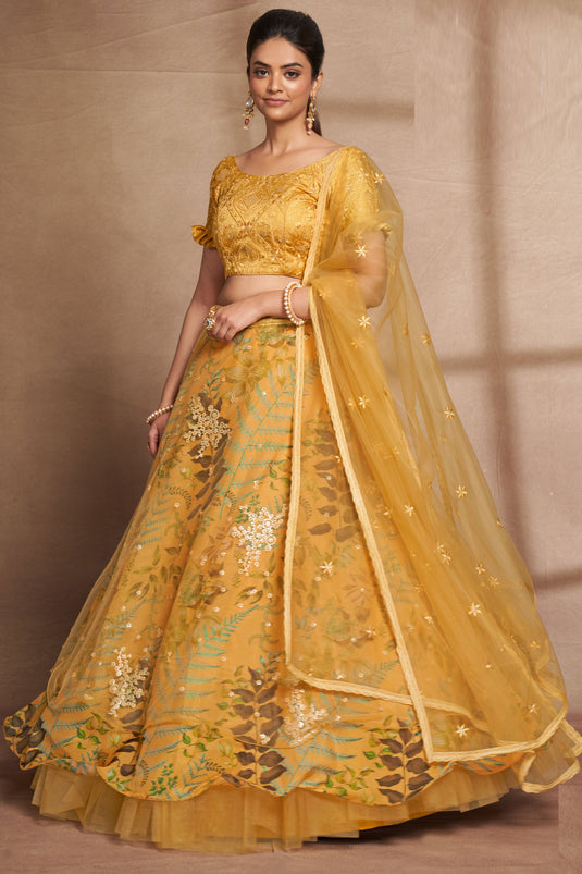 Graceful Sangeet Wear Sequins Work Yellow Color Organza Lehenga Choli