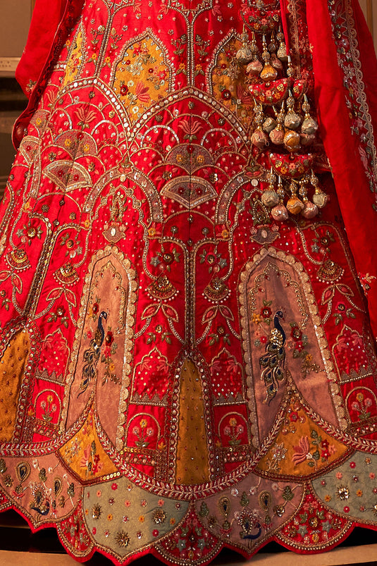 Raw Silk Fabric Red Color Stylish Look Bridal Lehenga