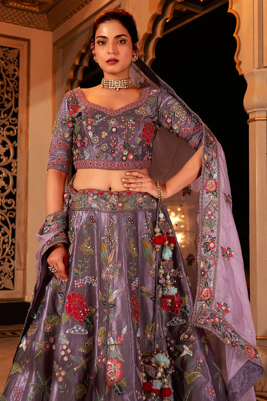 Sequins Work Purple Color Glorious Bridal Lehenga Choli In Satin Fabric