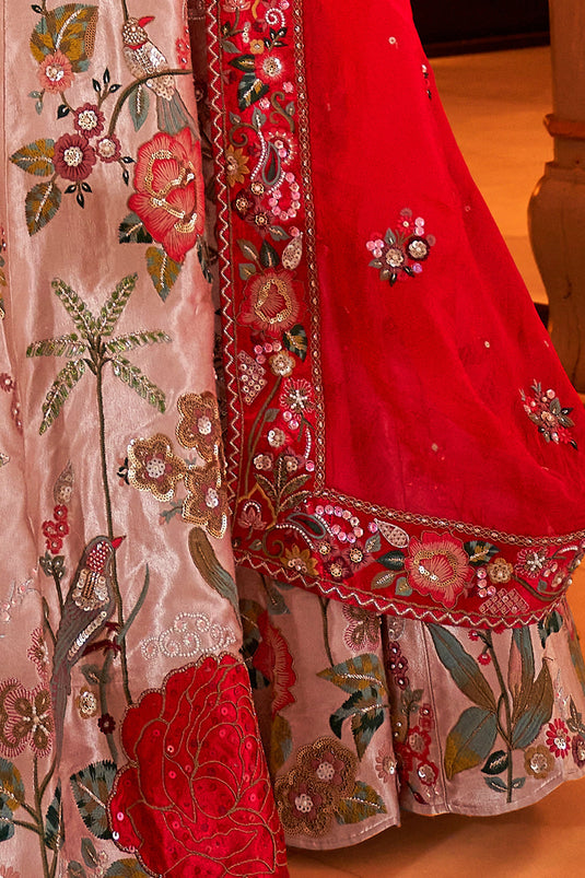 Satin Fabric Charismatic Bridal Lehenga Choli In Pink Color In Sequins Work