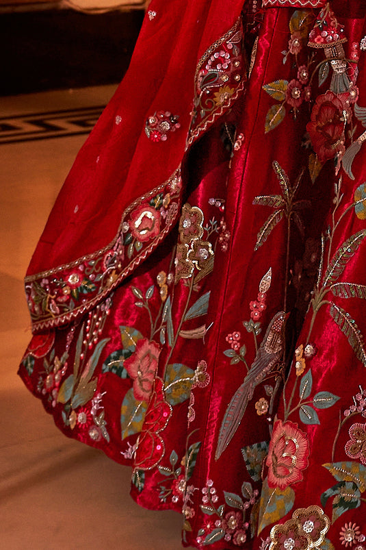 Red Color Sequins Work Captivating Bridal Lehenga Choli In Satin Fabric