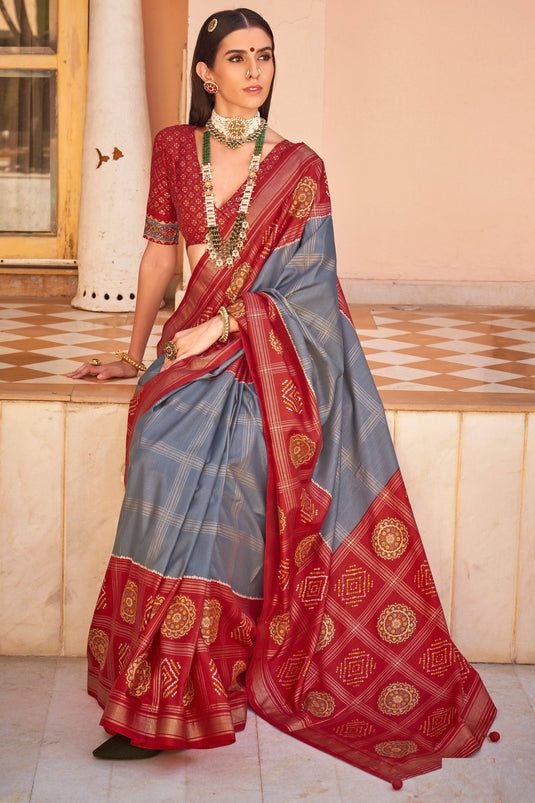 Grey Color Art Silk Fabric Beatific Patola Printed Saree