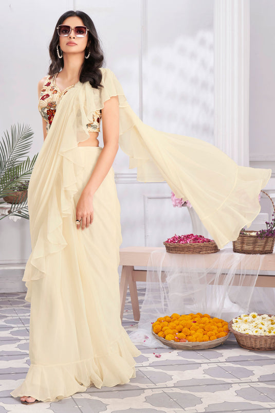 Cream Color Brilliant Satin Silk Fabric Ready To Wear Ruffle Saree