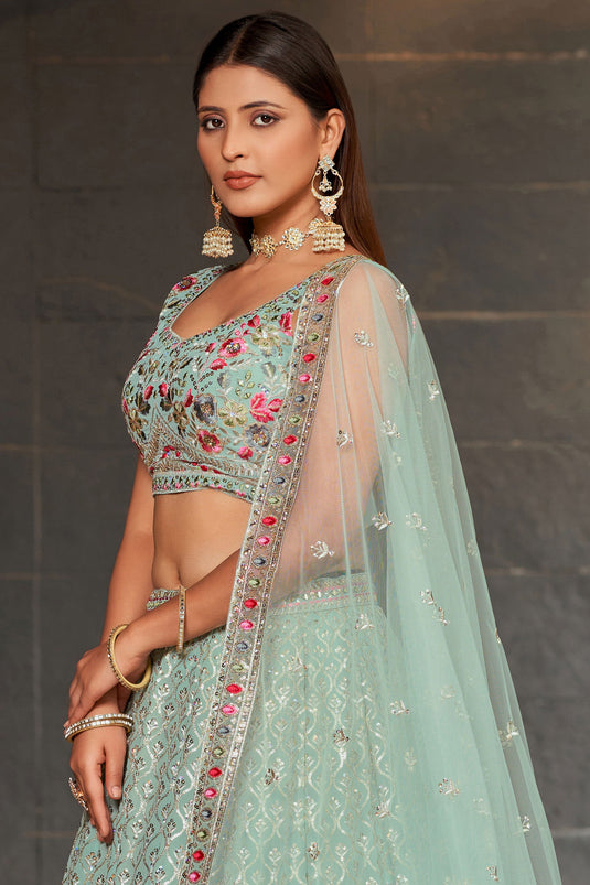 Entrancing Georgette Fabric Sequins Embroidered Lehenga In Light Cyan Color